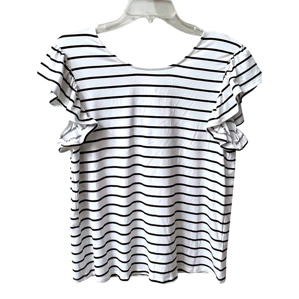 Bobeau Flutter Sleeve Back Tie Butter Knit Top Womens Medium Ivory Black Stripes